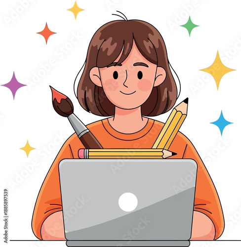 Creative young woman with laptop, paintbrush, and pencil, surrounded by sparkling stars