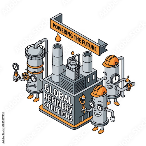 Cartoon Robots in Industrial Refinery Setting.
