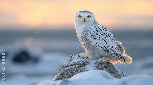 Snowy White Owl Sitting on Rock in Winter Landscape at Sunset