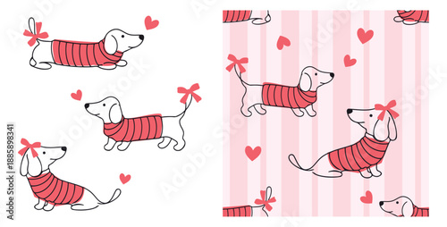 Cute dachshund dog illustration set wearing red sweater with heart and bow elements, including seamless striped pattern design for Valentine themes, stationery, fabric prints, and playful decorative. 