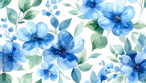 Elegant Blue Floral Watercolor Pattern for Textile and Design.