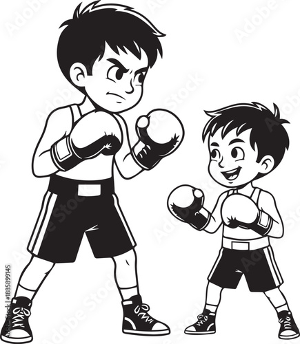 Two cartoon boys in boxing stances silhouette style illustration
