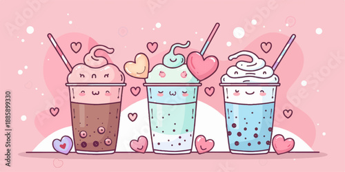 Kawaii Pastel Drinks Seamless Pattern: Cute Boba Tea, Milkshakes, Heart Cherries & Sprinkles Illustration