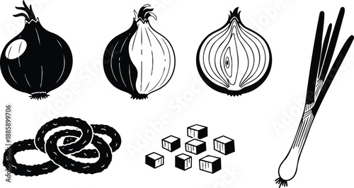 Line art close up onion set with whole halves rings diced cubes and spring onion top view minimal black and white kitchen produce illustration vector collection