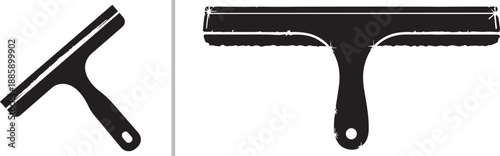 Two minimalist black silhouettes of window squeegees. One is angled as if in use, and the other is shown from a straight, front-facing perspective, ideal for cleaning service branding.