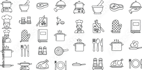 A comprehensive collection of line art cooking icons featuring kitchen utensils and food preparation elements