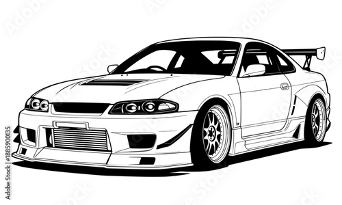 Modified coupe sports car front view illustration, street performance tuning line art