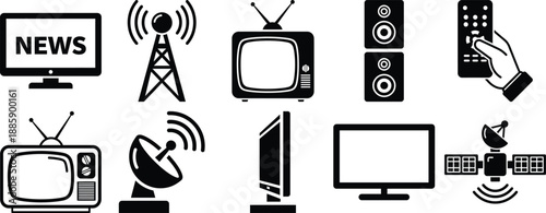 Assorted icons of television, communication towers, and media devices for broadcast and entertainment concepts
