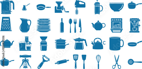 Blue silhouette icons featuring a wide variety of kitchen utensils, cooking tools, and home appliances for food preparation