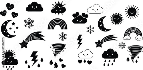 Charming set of happy weather icons and celestial symbols in both solid and outline styles