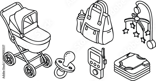 Line art vector icon set close up baby stroller with hood pacifier diaper bag bottle baby monitor hanging mobile folded diapers stack isometric outline simple black