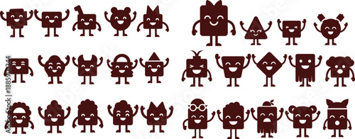 Cheerful collection of geometric shape characters with arms, legs, and smiling faces for educational designs