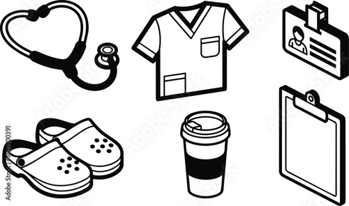 Isometric line art medical icons set stethoscope nurse scrubs id badge clogs takeaway coffee cup clipboard top view black outline flat vector minimal hospital supplies equipment