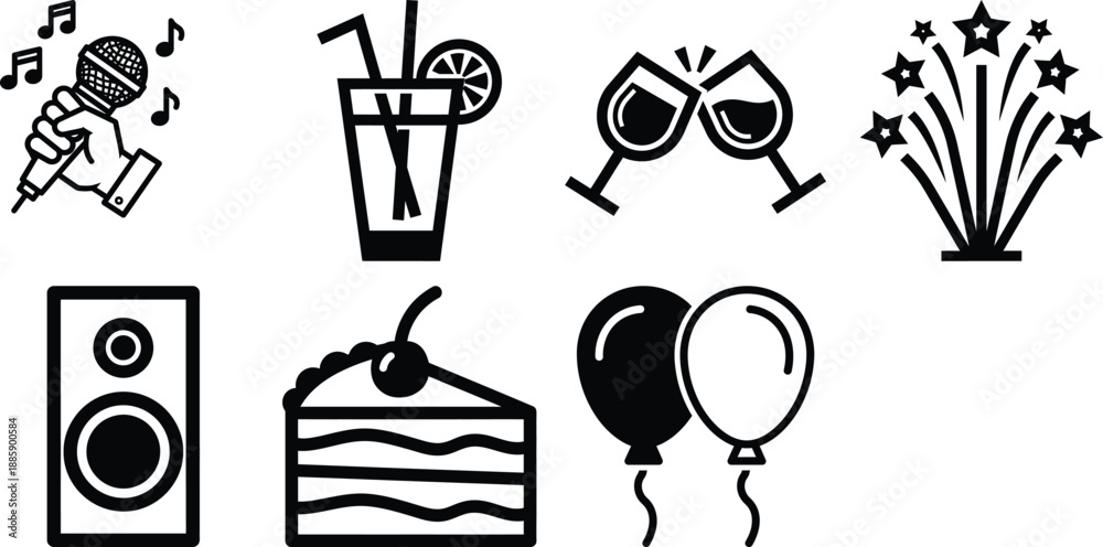 Fototapeta premium Collection of festive party symbols depicting toasts, balloons, and musical entertainment for special occasions