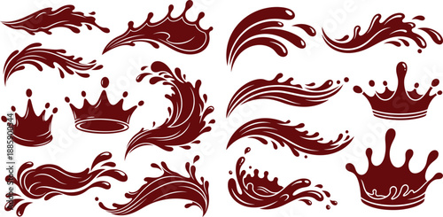 Collection of dynamic liquid splashes and splashing crown elements for beverage and sauce packaging