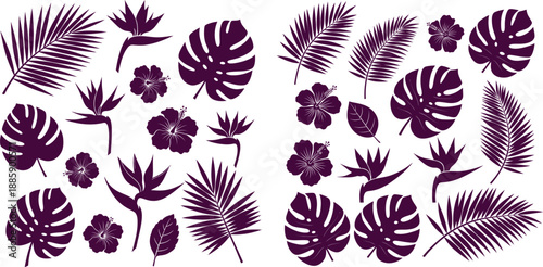 Collection of exotic tropical plant silhouettes featuring monstera leaves, palm fronds, and hibiscus blossoms