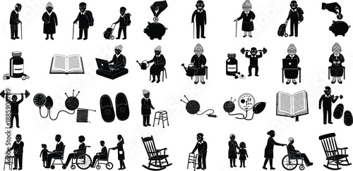 Collection of monochrome icons representing senior citizens engaged in healthy aging activities and elder care