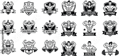 Collection of strong bodybuilder male and female fitness emblems for gym logos and athletic branding