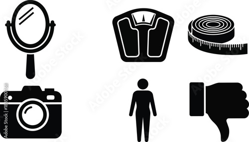 Flat design set of six body measurement and documentation icons mirror camera scale tape measure person silhouette and thumbs down isolated black vector