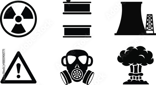 Flat design hazardous materials icon set with radiation barrel cooling tower gas mask warning triangle mushroom cloud arranged in grid bold black silhouettes vector safety symbols