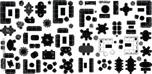 Comprehensive collection of diverse living room furniture layouts seen from an overhead perspective