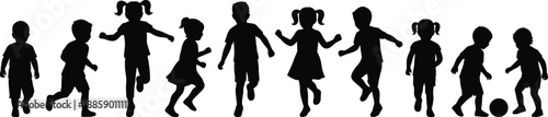 Row of Black Silhouettes of Children in Different Poses on White Background running jumping