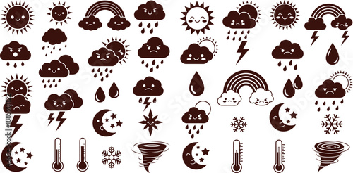 Comprehensive set of weather icons displaying various moods including sun, rain, and a thermometer
