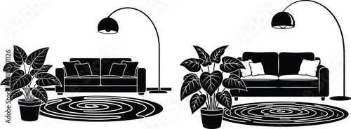 Contemporary living room setup with a cozy sofa, arc floor lamp, round rug, and houseplant