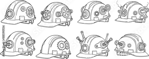 Detailed line art drawings of steampunk inspired hard hats adorned with gears, bolts, and mechanical elements
