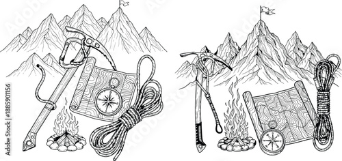 Detailed line art illustration of mountain climbing gear including map, compass, rope, and ice axe near campfire