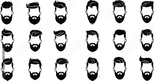 Diverse collection of mens facial hair and hairstyles, showing various beard and head designs in silhouette