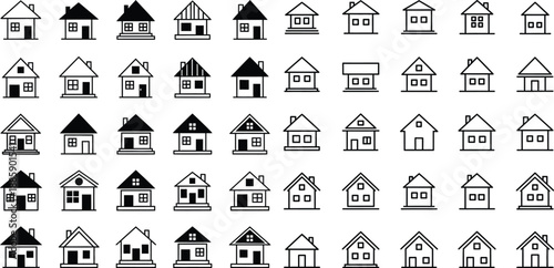 Diverse set of residential house icons featuring various architectural styles for home related concepts