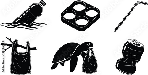 Flat monochrome stencil vector icon set showing floating plastic bottle crumpled can sea turtle carrying plastic bag hanging single use straw and six pollution silhouette icons