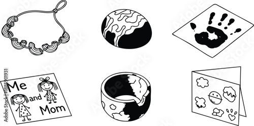 Line art craft icons set close up handmade bracelet painted rock handprint card me and mom card painted bowl folded greeting card black and white vector