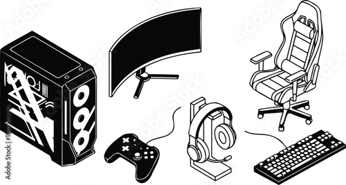 Isometric line art gaming setup with curved monitor high end pc tower racing chair headset on stand wired controller mechanical keyboard side view black white outline