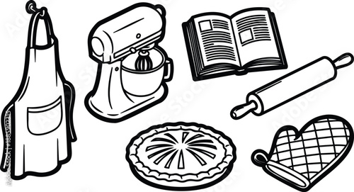 Line art close up set of baking tools with apron stand mixer rolling pin open cookbook and whole pie on kitchen countertop minimalist monochrome high contrast