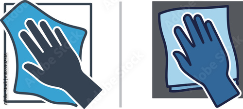 Two vector icons depicting a gloved hand using a cloth to wipe a surface. The design uses blue, gray, and white tones to represent cleaning, sanitizing, and maintenance tasks.