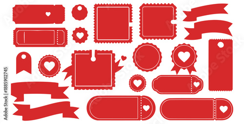 Collection of vibrant red holiday sale tags labels banners badges ribbons and ticket shapes perfect for crafting special romantic seasonal marketing designs and decorative announcements