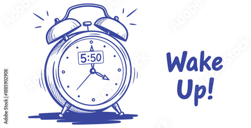 Hand drawn illustration of a classic twin bell alarm clock ringing loudly at 5:50 a m indicating time to wake up early for the day