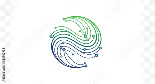 This modern abstract technology logo features a circular flowing circuit design with interconnected nodes and digital paths. Utilizing a vibrant blue to green gradient, the minimalist icon symbolizes.