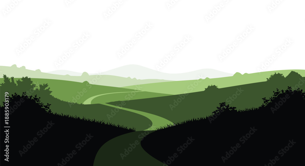 Obraz premium Serene green landscape with winding path and distant rolling hills