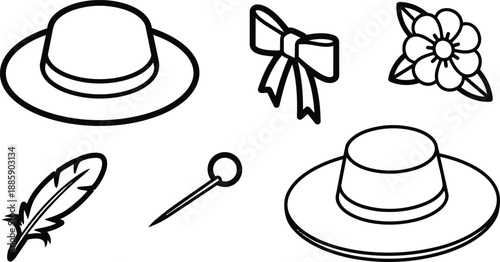 Line art hat accessory icon set with wide brim hat bow flower feather and hat pin overhead layout black outline vector for fashion craft and sewing