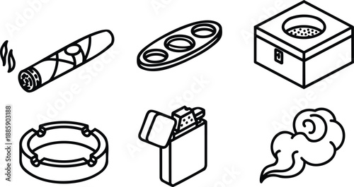 Line art vector cigar and smoking accessories set including lit cigar low angle ashtray lighter humidor tasting tray smoke cloud isolated black outline icons isometric minimal