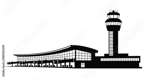 Simple black and white illustration of an airport control tower and terminal