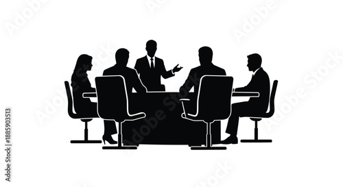 A group of silhouettes seated around a conference table in discussion