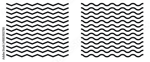 Regular black and white zigzag pattern. Seamless zig zag line texture abstract geometry background. Wave line and wavy zigzag lines. Set of various black wavy and zigzag lines.