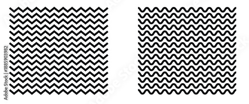 Regular black and white zigzag pattern. Seamless zig zag line texture abstract geometry background. Wave line and wavy zigzag lines. Set of various black wavy and zigzag lines.