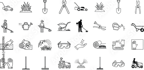 Essential gardening tools and equipment collection in outline style, featuring common items for lawn and yard care