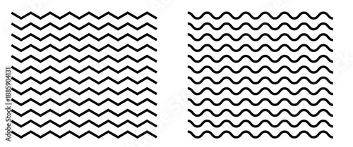 Regular black and white zigzag pattern. Seamless zig zag line texture abstract geometry background. Wave line and wavy zigzag lines. Set of various black wavy and zigzag lines.