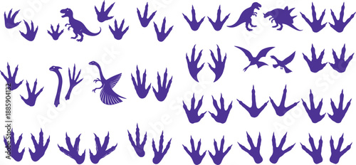 Extensive collection of prehistoric dinosaur footprints and diverse creature silhouettes for educational materials and children’s themes